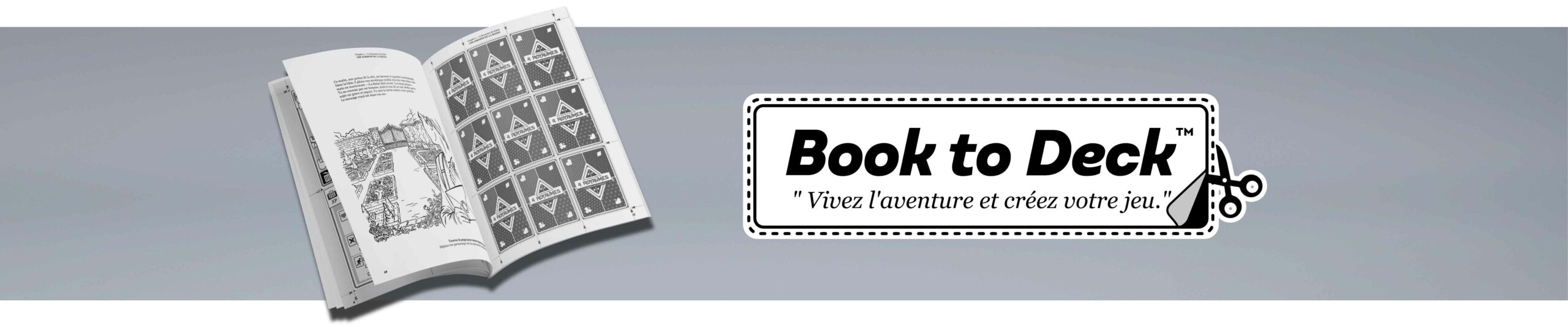 Bannière Book to Deck, vivez l'aventure et créez votre jeu avec livre-jeu ouvert, lecture, coloriage et jeu de cartes