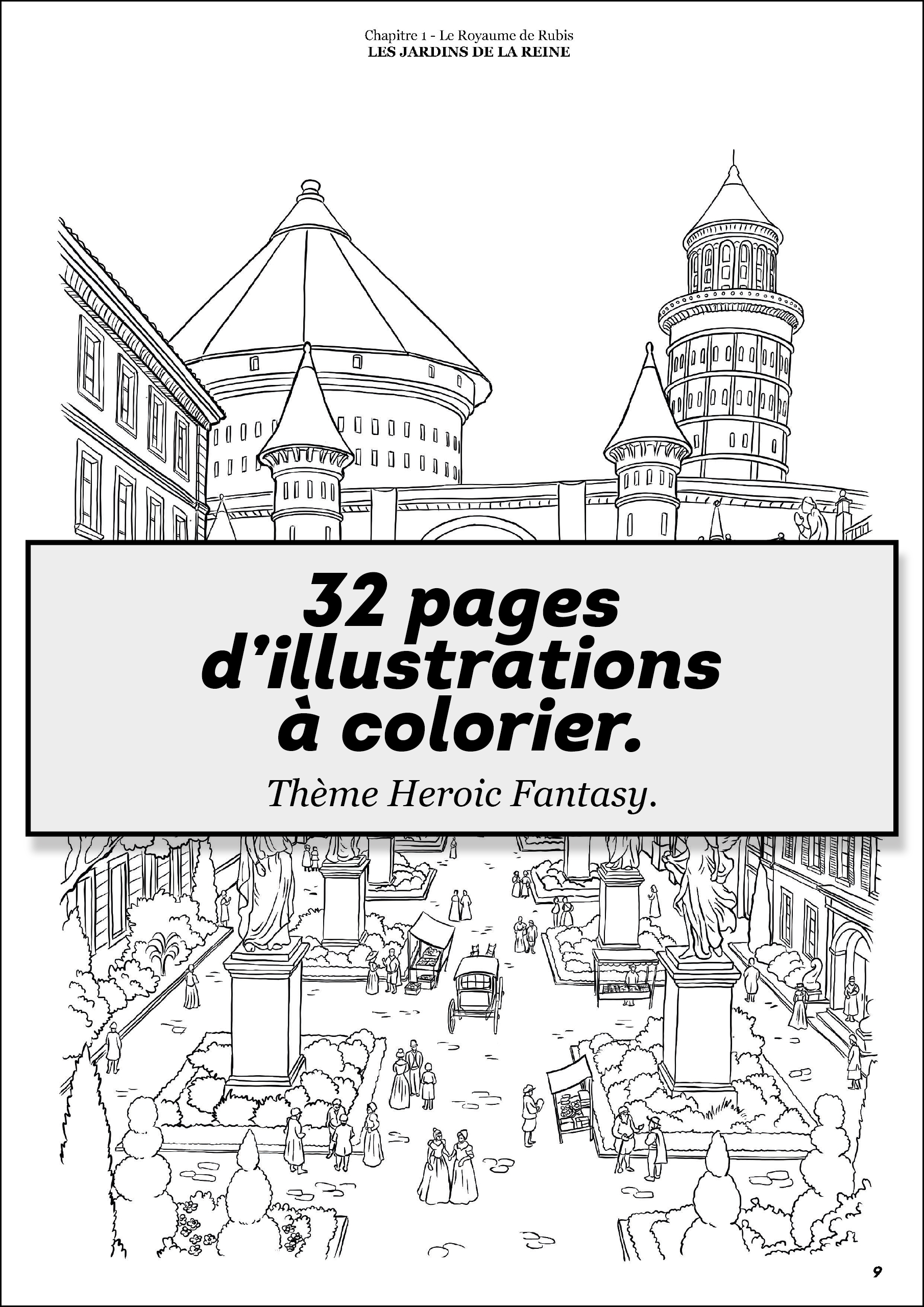Page livre jeu 4 royaumes illustrations colorier heroic fantasy palais