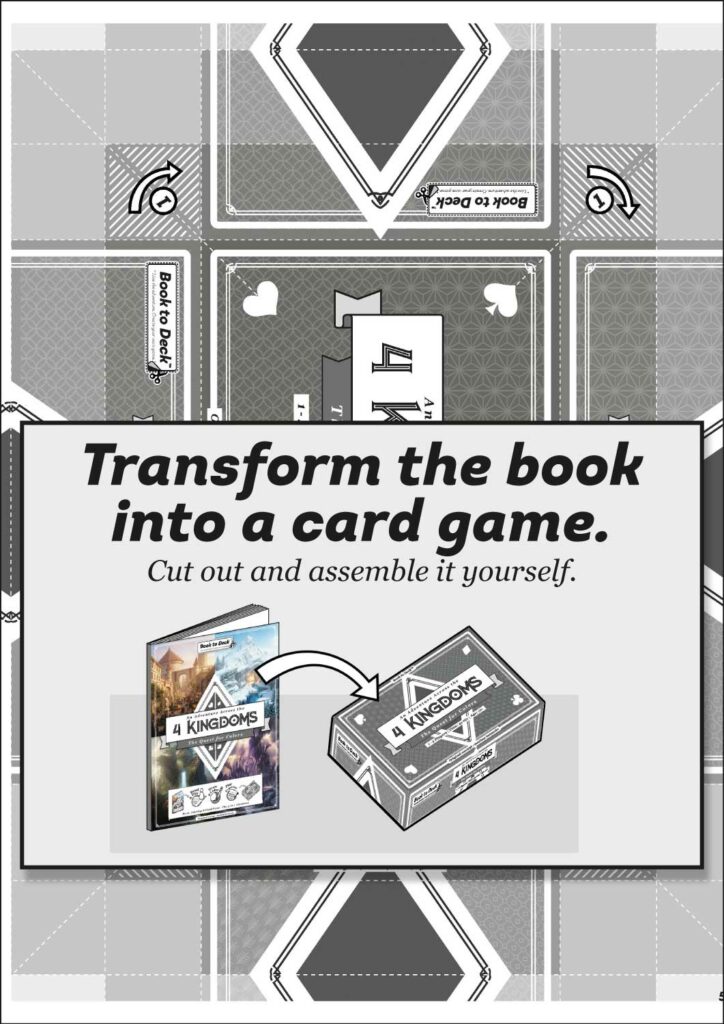 Book to Deck™ gamebook page preview revealing the transformation from book to physical card deck.