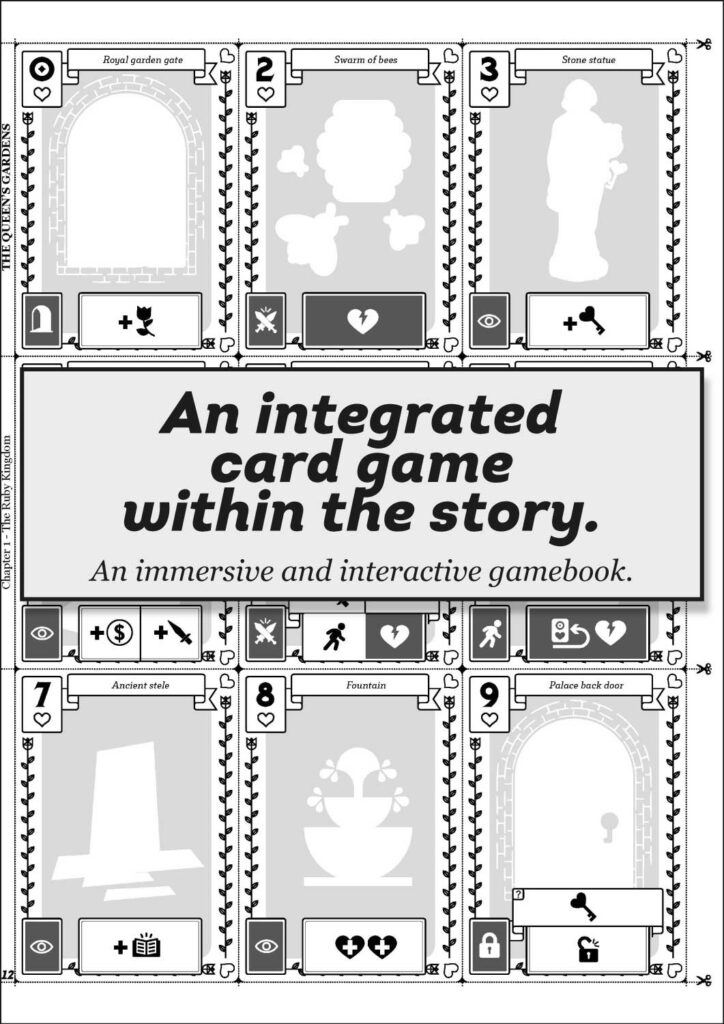 Book to Deck™ gamebook page preview revealing the integrated card game mechanics.