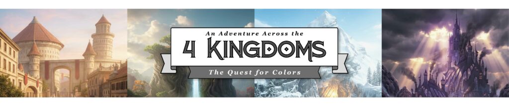 4 Kingdoms original illustration for Book to Deck gamebook; medieval fantasy style with snow-capped mountains and castles.