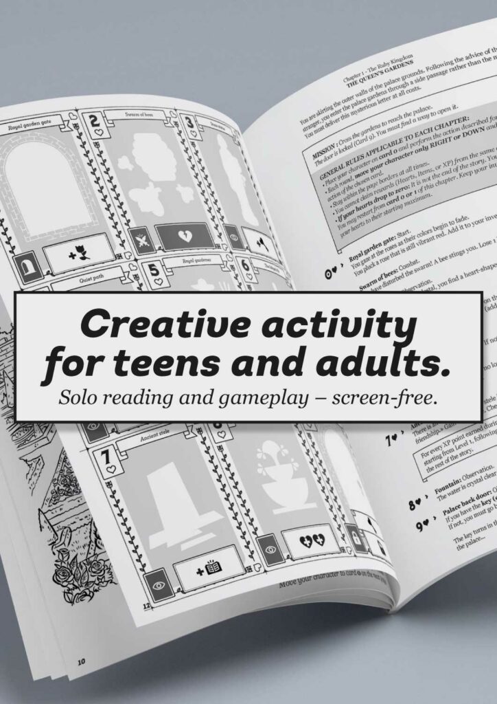 Internal page preview of Book to Deck™ gamebook: creative activity, reading, and solo CYOA gameplay for teens and adults.